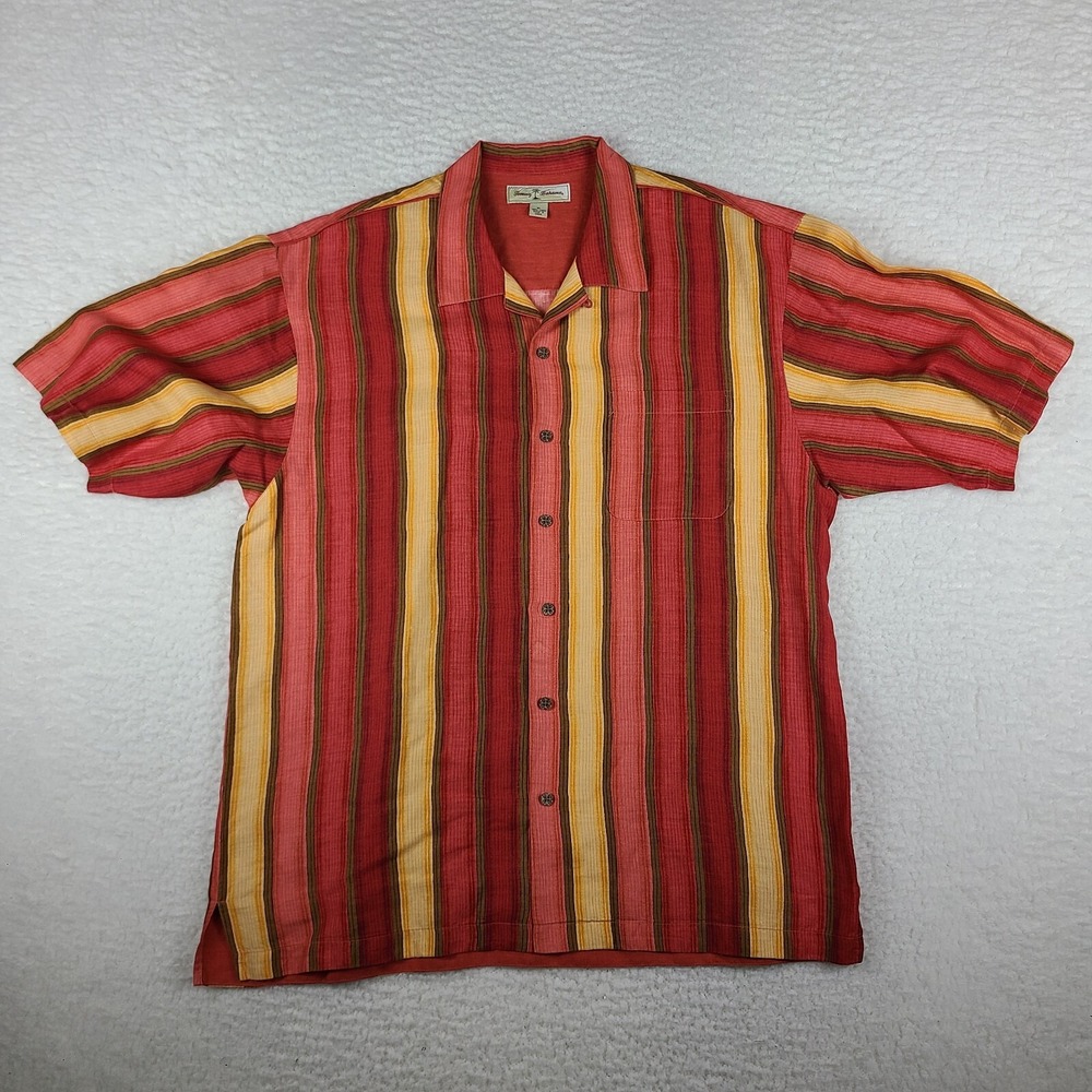 Tommy Bahama Dress Shirt Mens XL Multi Color Striped Linen Hawaiian Button Up